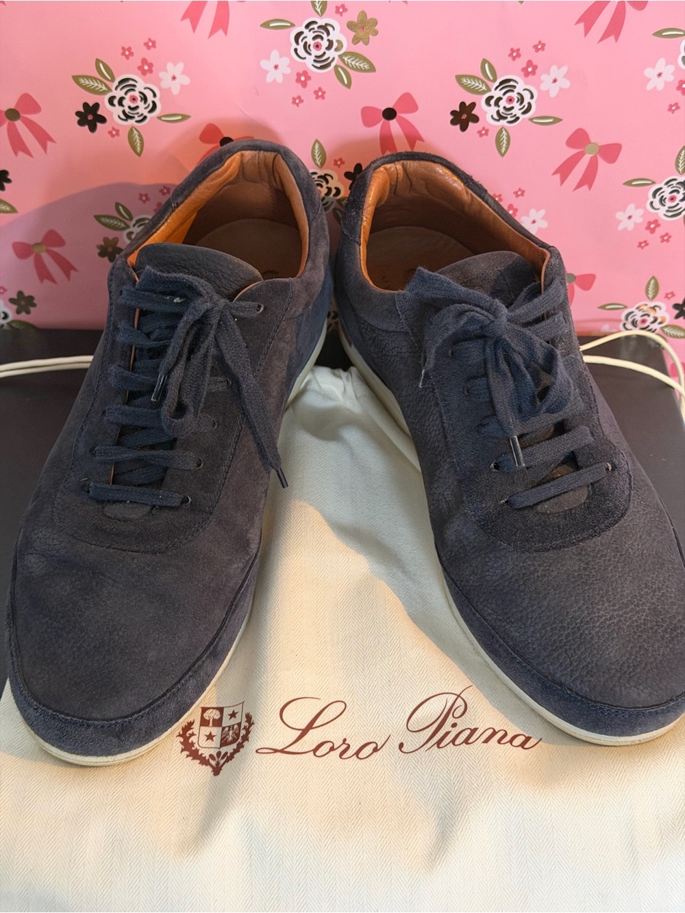 Loro Piana Men's Dark Blue Suede Lace-Up Sneakers